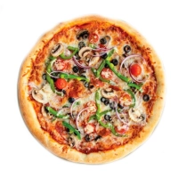 Tomatensaus, mozzarella, paprika, champignons, ui en olijven